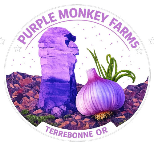 A circular sticker or label design featuring purple-themed artwork with the text 'PURPLE MONKEY FARMS' at the top and 'TERREBONNE OR' at the bottom. The illustration shows a purple rock formation and a purple onion on a white background.